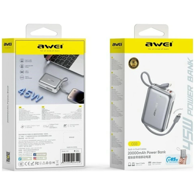 AWEI Powerbank C03 20000mAh 45W USB-A/USB-C + kable Lightning         USB-C - srebrny