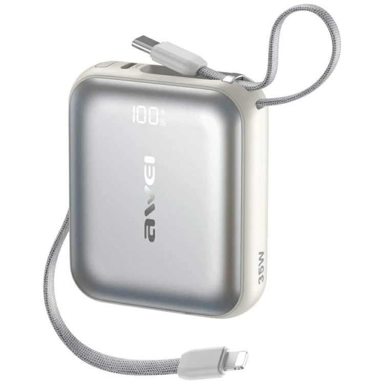 AWEI Powerbank AS-181 35W 10000mAh + kable Lightning i USB-C srebrny