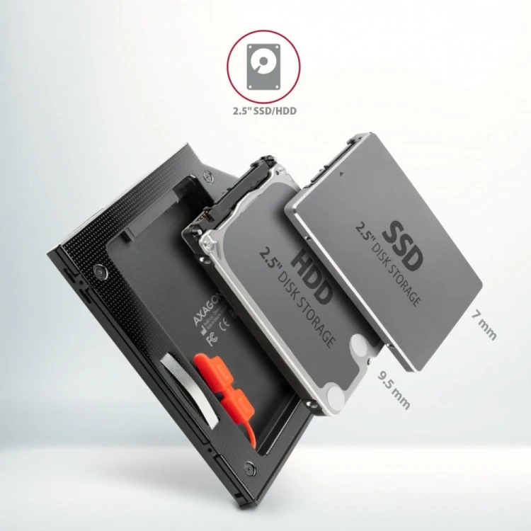 AXAGON RSS-CD09 Ramka na 2,5" SSD-HDD do gniazda DVD, 9.5mm LED aluminium