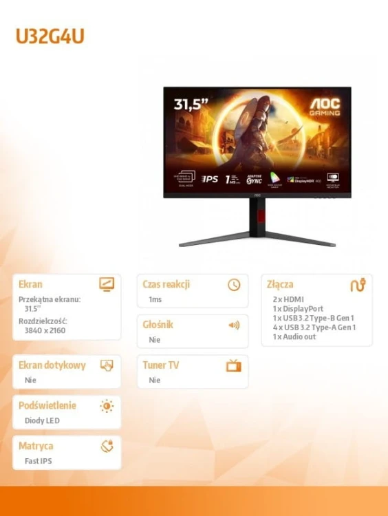 AOC Monitor 31.5 cala U32G4U Fast IPS 4K 160Hz HDMIx2 DP