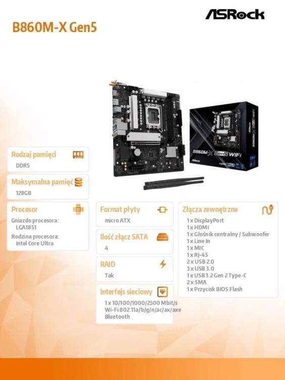 ASRock Płyta główna B860M-X GEN5 Wi-Fi s1851 2DDR5 mATX