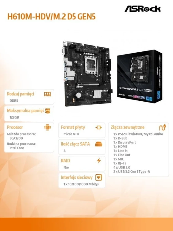 ASRock Płyta główna H610M-HDV/M.2 D5 GEN5 s1700 2DDR5 DP/HDMI mATX