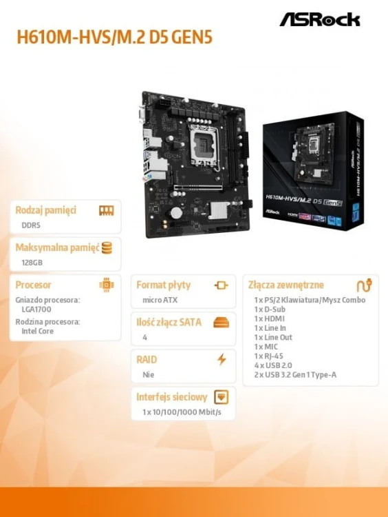 ASRock Płyta główna H610M-HVS/M.2 D5 GEN5 s1700 2DDR5 DP/HDMI mATX