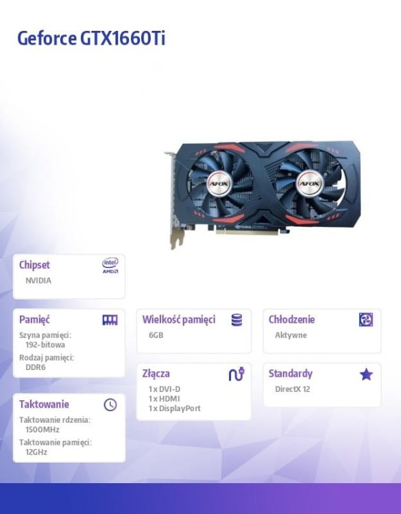 AFOX Karta graficzna - Geforce GTX1660Ti 6GB GDDR6 DP DVI HDMI ATX Dual Fan