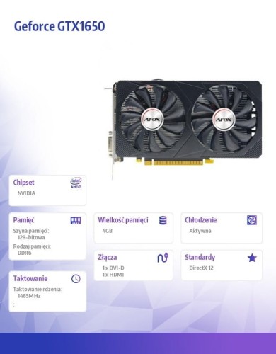 AFOX Karta graficzna - Geforce GTX1650 4GB GDDR6 128Bit DVI HDMI ATX Fan V6