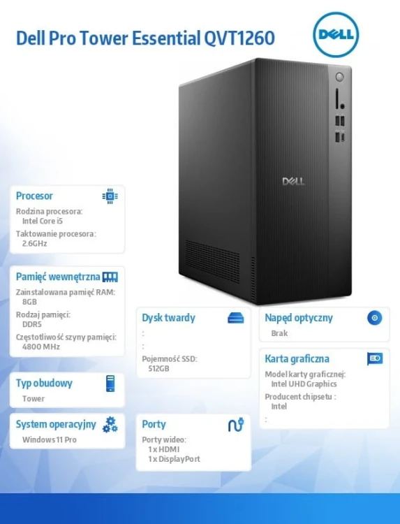 Dell Komputer Dell Pro Tower Essential QVT1260 Win11Pro i5-14500/8GB/512GB SSD/Intel UHD 730/WLAN+BT/Kb/Mouse/3YPS