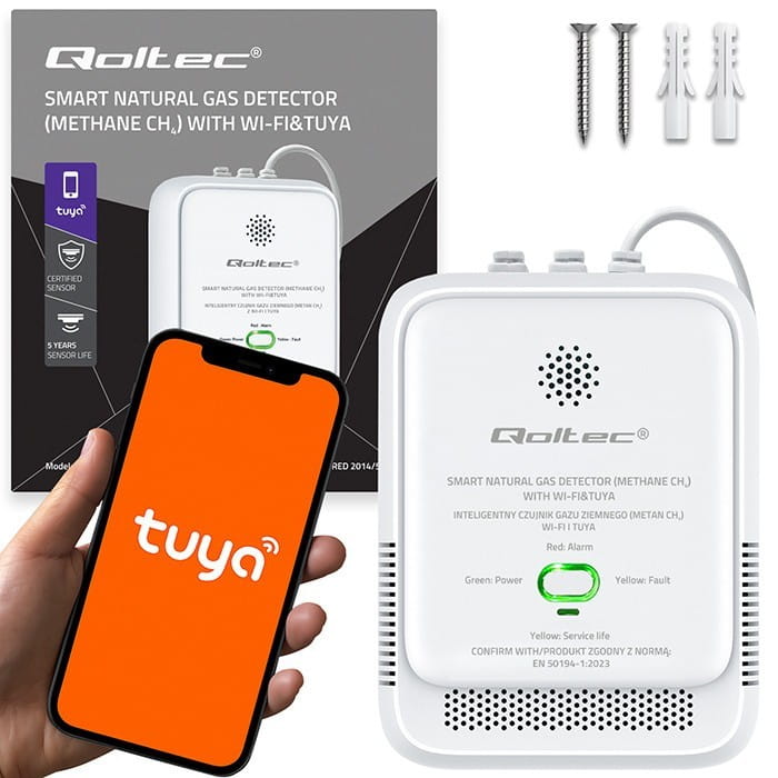 Qoltec Czujnik wycieku gazu ziemnego | detektor CH4 | NG | Tuya | Wi-Fi | alarm 85dB | LED