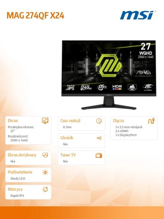 MSI Monitor MAG 274QF X24 27 cali LED/FHD/Flat/240Hz/czarny