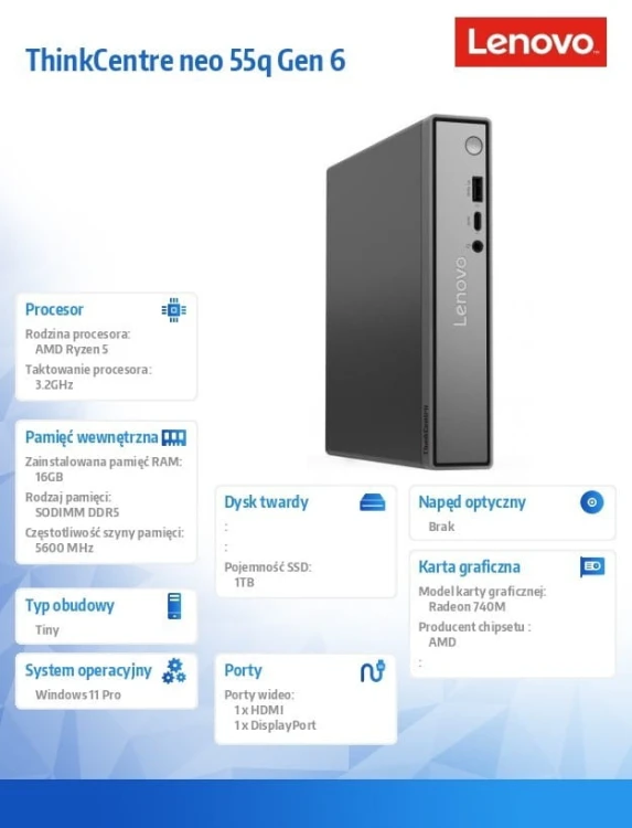 Lenovo Komputer ThinkCentre Neo 55q Tiny G6 13GN000RPB W11Pro 5 220/16GB/1TB/AMD Radeon/3YR OS + 1YR CI