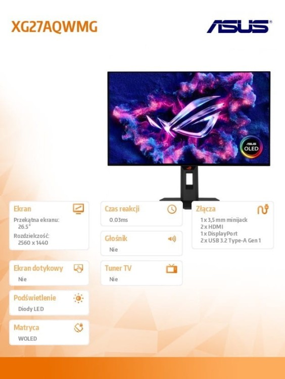 Asus Monitor 26.5 cala XG27AQWMG OLED DP 2HDMI 0.03MS USB HUB