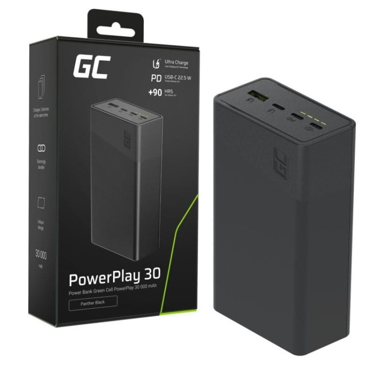 Green Cell Powerbank 30 000mAh, 22.5W, 4 porty, czarny