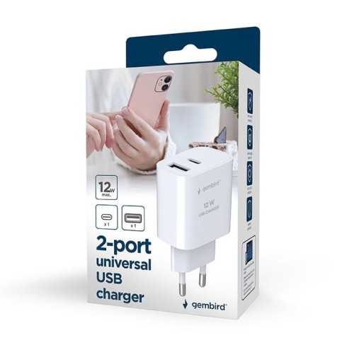 Gembird Ładowarka uniwersalna USB 2-portowa (A+C), 2.4 A, biała