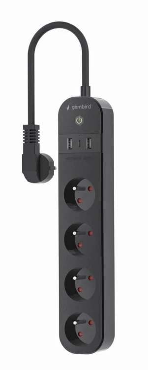 Gembird Inteligentna listwa zasilająca Tuya 4xFR 2xUSB-A 1xUSB-C Czarna