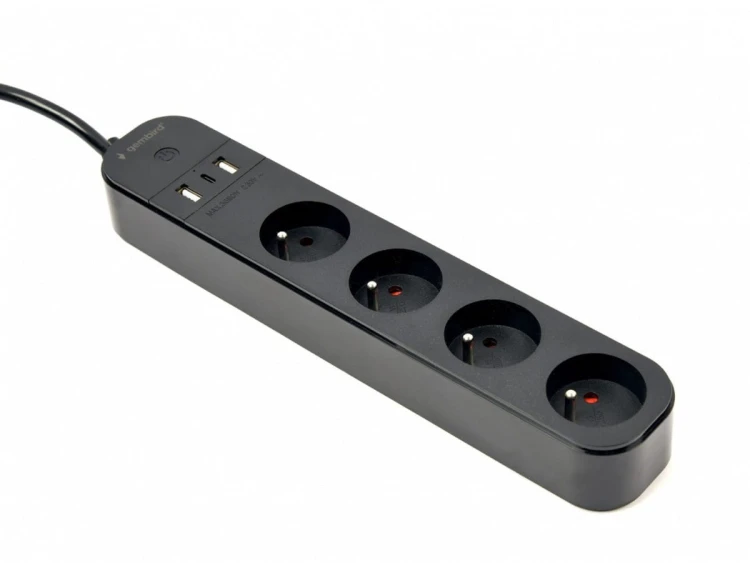 Gembird Inteligentna listwa zasilająca Tuya 4xFR 2xUSB-A 1xUSB-C Czarna