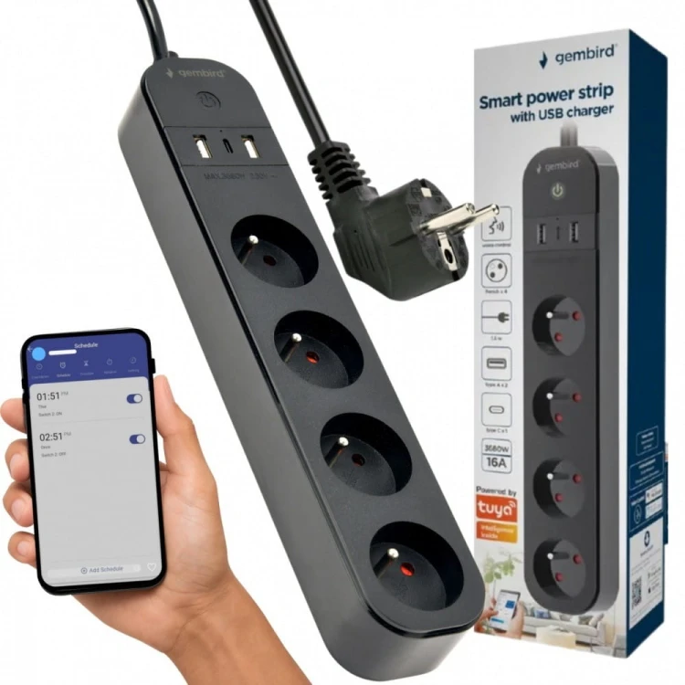 Gembird Inteligentna listwa zasilająca Tuya 4xFR 2xUSB-A 1xUSB-C Czarna