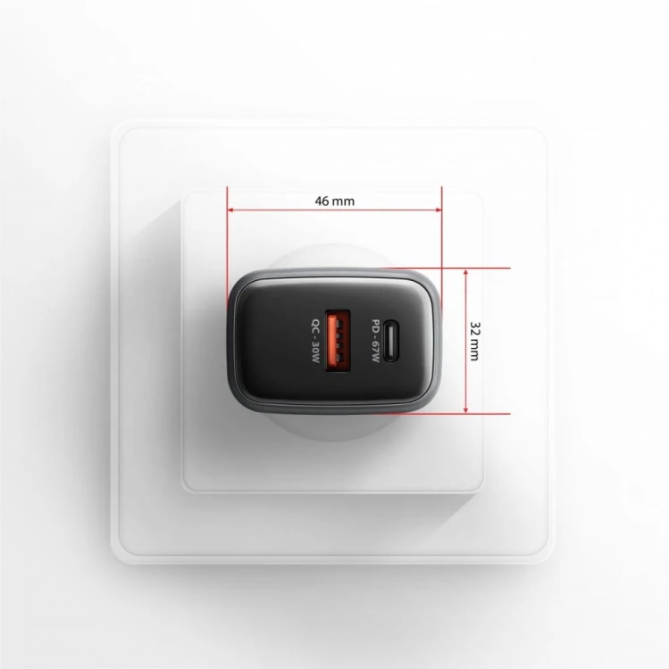 AXAGON Ładowarka sieciowa ACU-PQ67D PD&QC 67W 2-port GaN, Ekran LED, USB-A  + USB-C