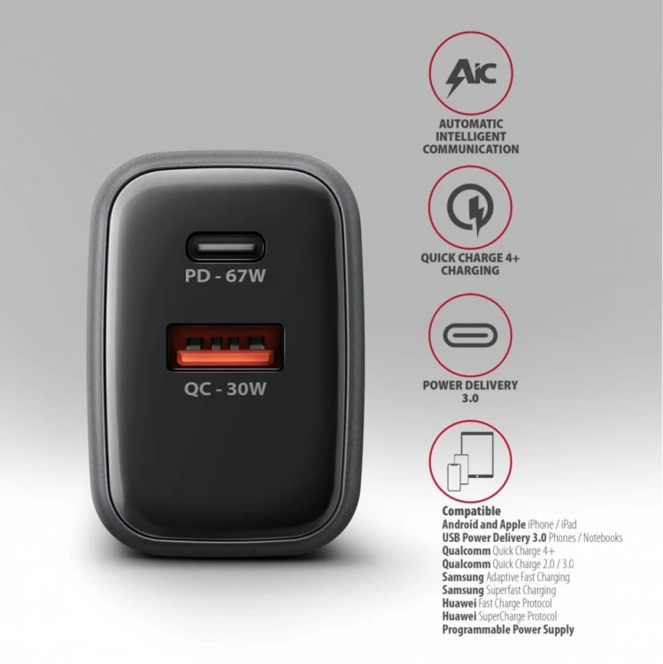 AXAGON Ładowarka sieciowa ACU-PQ67D PD&QC 67W 2-port GaN, Ekran LED, USB-A  + USB-C