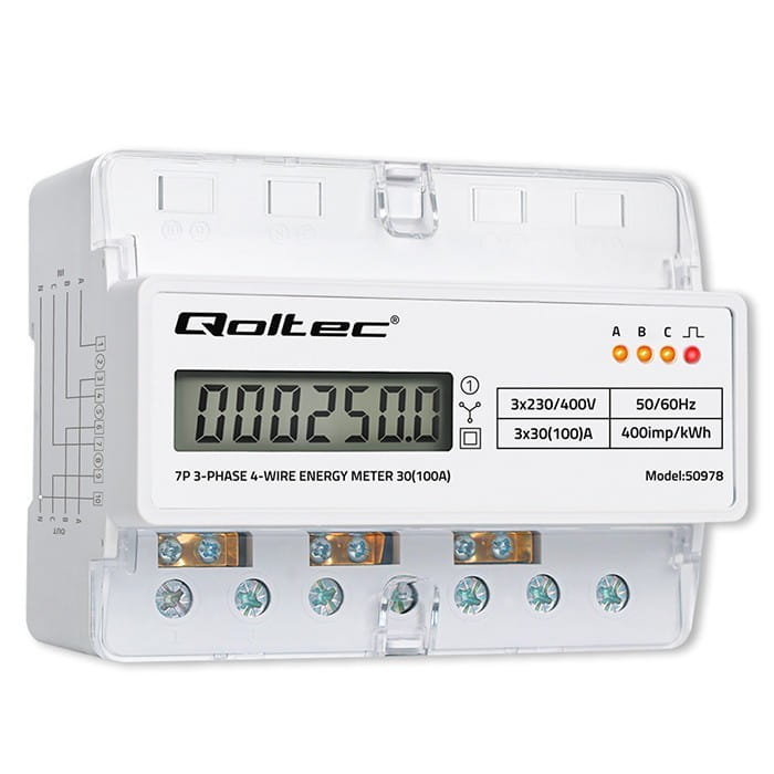 Qoltec Trójfazowy elektroniczny licznik | miernik zużycia energii na szynę DIN | 400V | 100A | LCD | LED | 7P