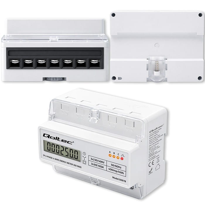 Qoltec Trójfazowy elektroniczny licznik | miernik zużycia energii na szynę DIN | 400V | 100A | LCD | LED | 7P