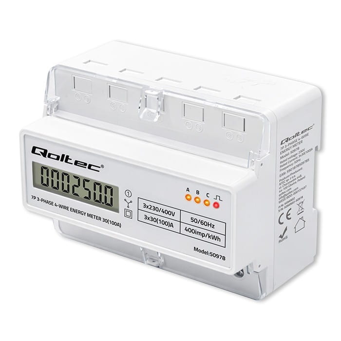 Qoltec Trójfazowy elektroniczny licznik | miernik zużycia energii na szynę DIN | 400V | 100A | LCD | LED | 7P