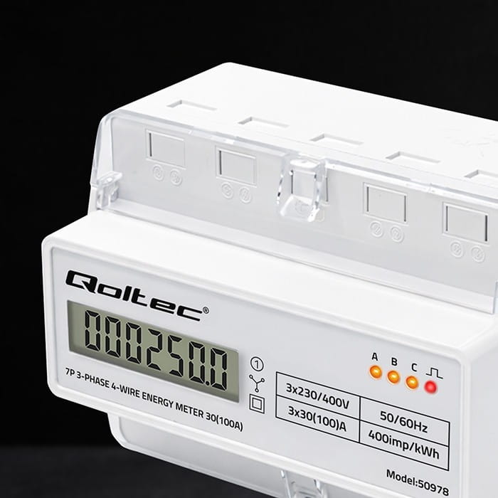 Qoltec Trójfazowy elektroniczny licznik | miernik zużycia energii na szynę DIN | 400V | 100A | LCD | LED | 7P