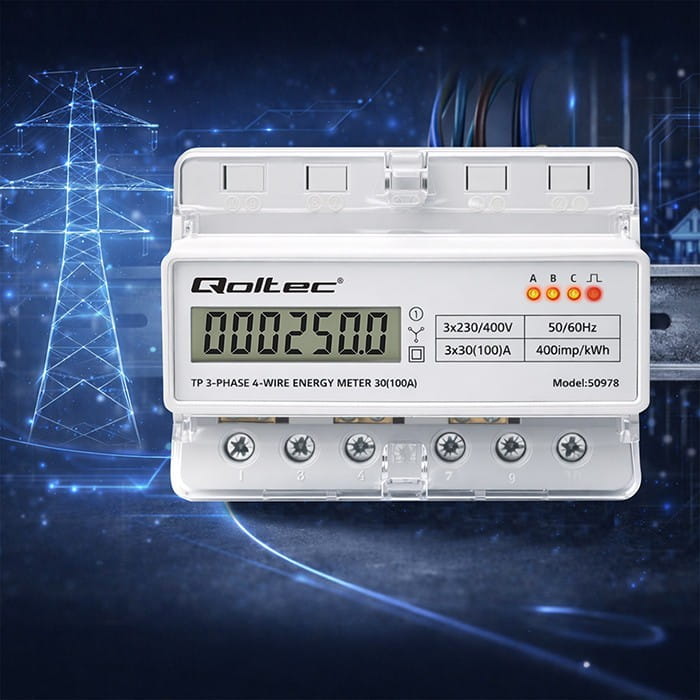 Qoltec Trójfazowy elektroniczny licznik | miernik zużycia energii na szynę DIN | 400V | 100A | LCD | LED | 7P