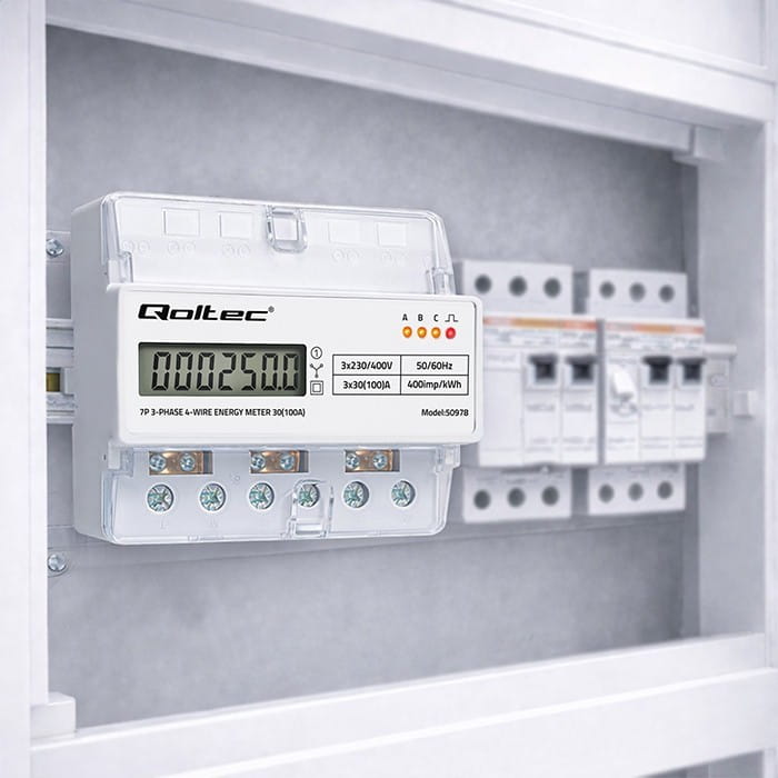 Qoltec Trójfazowy elektroniczny licznik | miernik zużycia energii na szynę DIN | 400V | 100A | LCD | LED | 7P