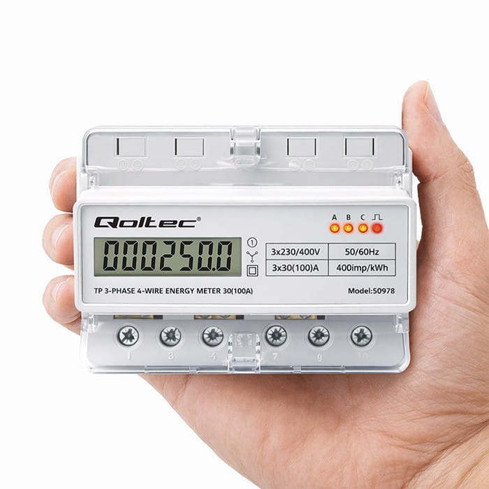 Qoltec Trójfazowy elektroniczny licznik | miernik zużycia energii na szynę DIN | 400V | 100A | LCD | LED | 7P