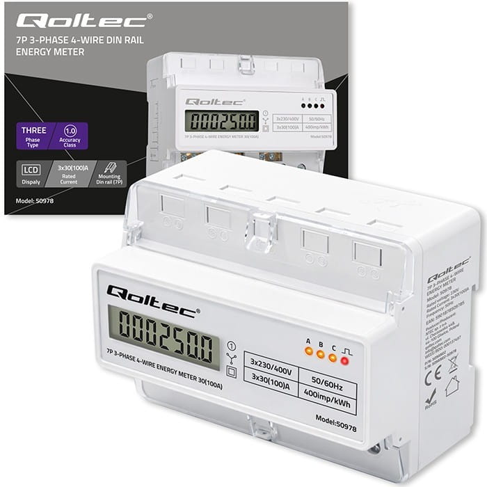 Qoltec Trójfazowy elektroniczny licznik | miernik zużycia energii na szynę DIN | 400V | 100A | LCD | LED | 7P