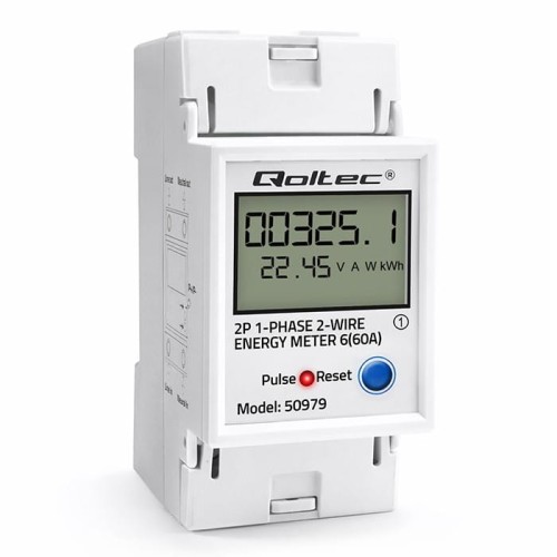 Qoltec Jednofazowy elektroniczny licznik zużycia energii na szynę DIN | RESET | licznik okresowy i stały | 230V | 60A | LCD | LED | 2P