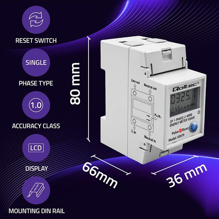 Qoltec Jednofazowy elektroniczny licznik zużycia energii na szynę DIN | RESET | licznik okresowy i stały | 230V | 60A | LCD | LED | 2P