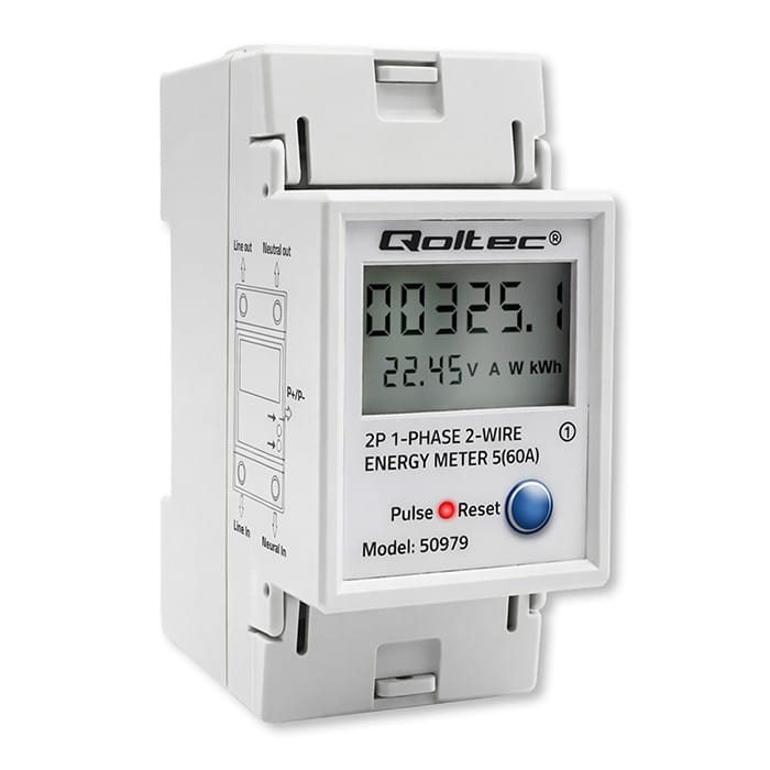 Qoltec Jednofazowy elektroniczny licznik zużycia energii na szynę DIN | RESET | licznik okresowy i stały | 230V | 60A | LCD | LED | 2P