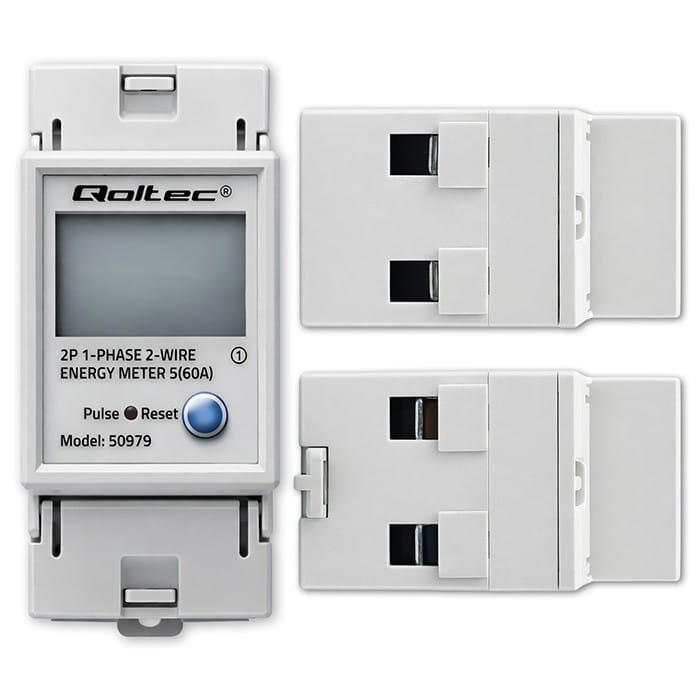 Qoltec Jednofazowy elektroniczny licznik zużycia energii na szynę DIN | RESET | licznik okresowy i stały | 230V | 60A | LCD | LED | 2P