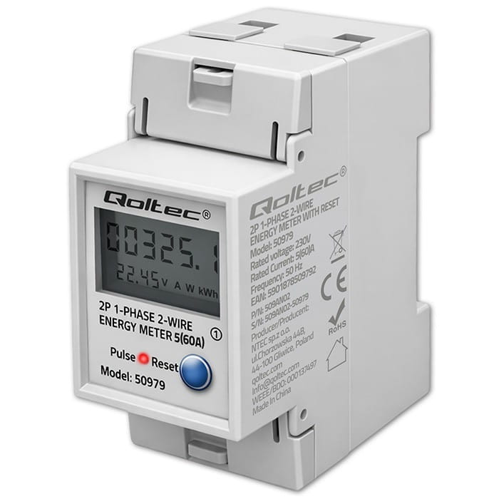 Qoltec Jednofazowy elektroniczny licznik zużycia energii na szynę DIN | RESET | licznik okresowy i stały | 230V | 60A | LCD | LED | 2P
