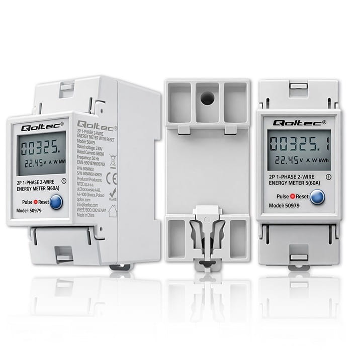 Qoltec Jednofazowy elektroniczny licznik zużycia energii na szynę DIN | RESET | licznik okresowy i stały | 230V | 60A | LCD | LED | 2P
