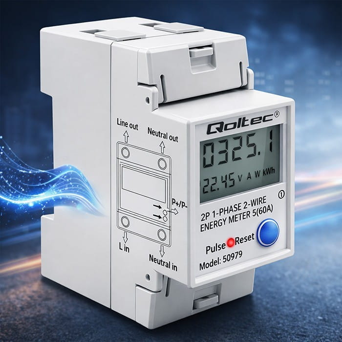 Qoltec Jednofazowy elektroniczny licznik zużycia energii na szynę DIN | RESET | licznik okresowy i stały | 230V | 60A | LCD | LED | 2P
