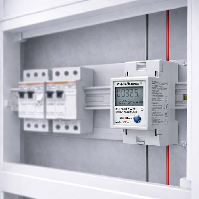 Qoltec Jednofazowy elektroniczny licznik zużycia energii na szynę DIN | RESET | licznik okresowy i stały | 230V | 60A | LCD | LED | 2P