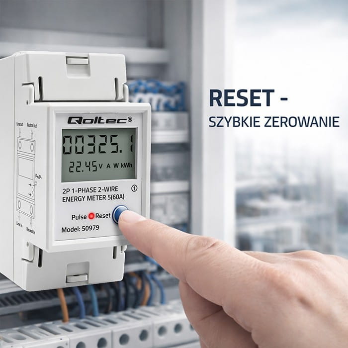 Qoltec Jednofazowy elektroniczny licznik zużycia energii na szynę DIN | RESET | licznik okresowy i stały | 230V | 60A | LCD | LED | 2P