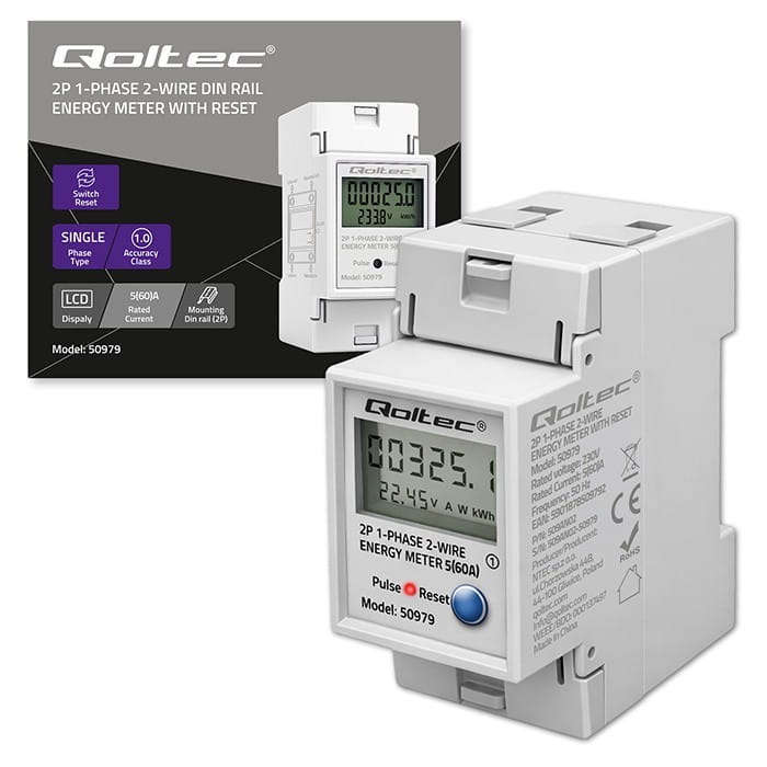 Qoltec Jednofazowy elektroniczny licznik zużycia energii na szynę DIN | RESET | licznik okresowy i stały | 230V | 60A | LCD | LED | 2P