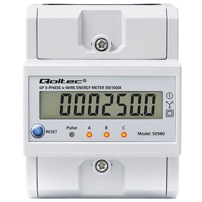 Qoltec Trójfazowy elektroniczny licznik z resetem | miernik zużycia energii na szynę DIN | 400V | 100A | LCD | LED | 4P