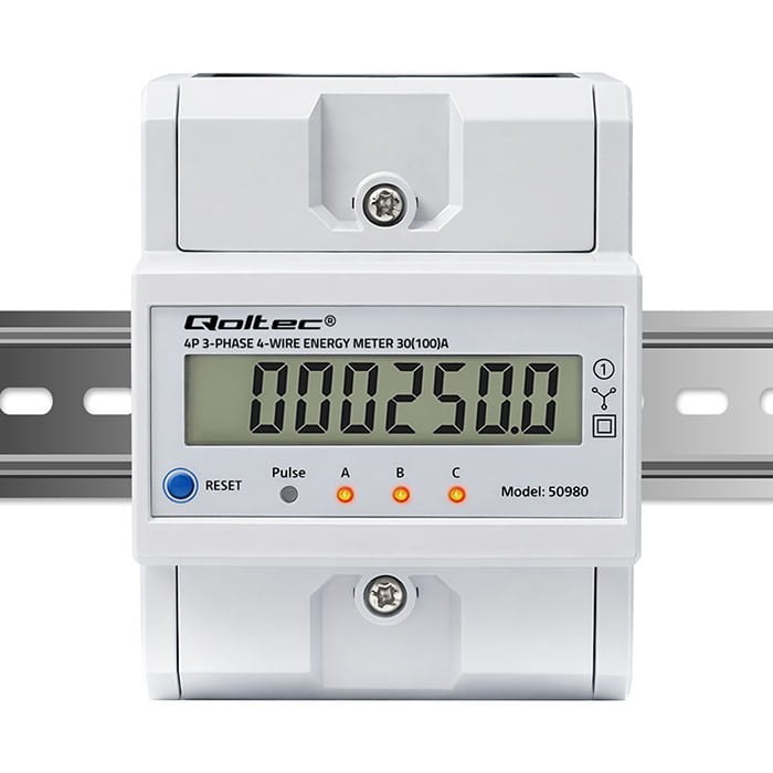 Qoltec Trójfazowy elektroniczny licznik z resetem | miernik zużycia energii na szynę DIN | 400V | 100A | LCD | LED | 4P