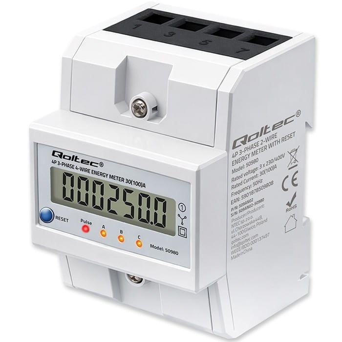 Qoltec Trójfazowy elektroniczny licznik z resetem | miernik zużycia energii na szynę DIN | 400V | 100A | LCD | LED | 4P