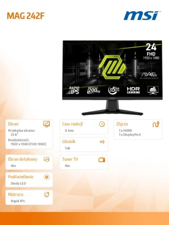 MSI Monitor MAG 242F     23.8 cala/LED/FHD/Flat/200Hz/Czarny