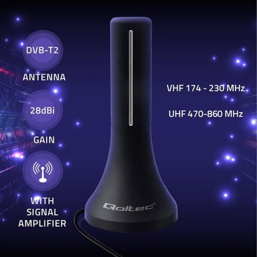Qoltec Wewnętrzna antena DVB-T/T2 | wzmacniacz sygnału | 4K | wysoki zysk 32dBi | kabel 4m
