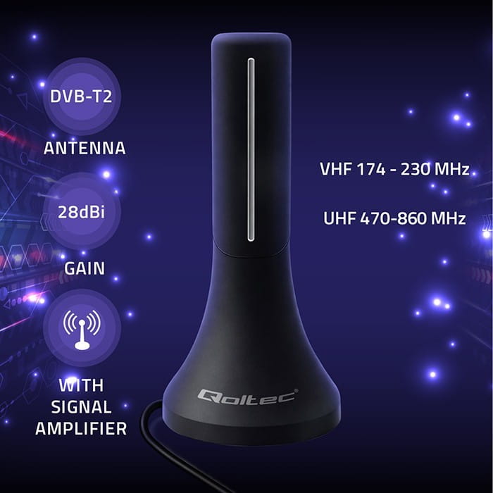Qoltec Wewnętrzna antena DVB-T/T2 | wzmacniacz sygnału | 4K | wysoki zysk 32dBi | kabel 4m