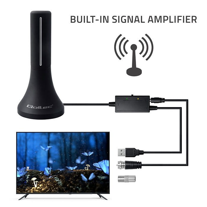 Qoltec Wewnętrzna antena DVB-T/T2 | wzmacniacz sygnału | 4K | wysoki zysk 32dBi | kabel 4m