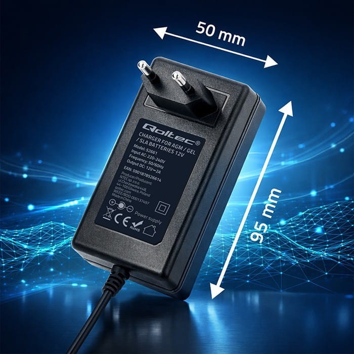 Qoltec Ładowarka do akumulatora AGM GEL STD | Prostownik 24V | 19.2W |  5.5x2.1 | kabel 1.8m