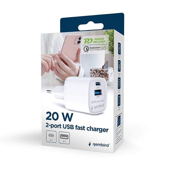 Gembird Szybka ładowarka USB z 2 portami i gniazdem AC, 20W, biała