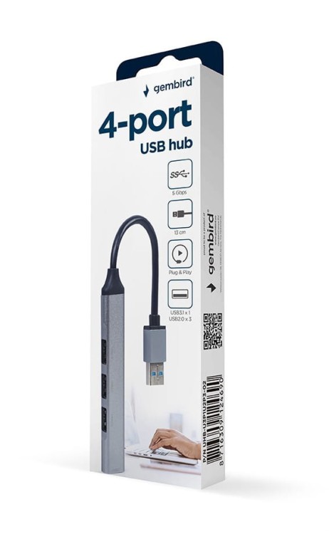 Gembird HUB USB 4-Porty (USB3 x 1, USB2 x 3), srebrny
