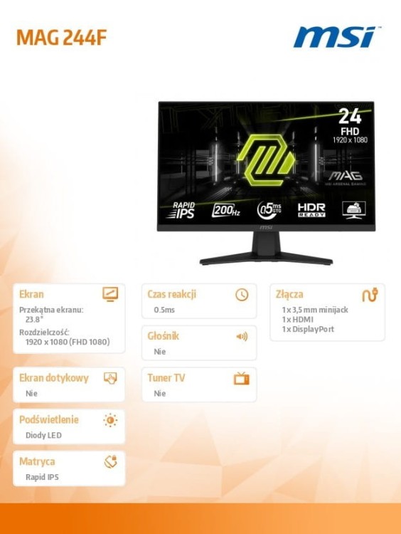 MSI Monitor 23.8 cala MAG 244F LED/FHD/Flat/200Hz/czarny